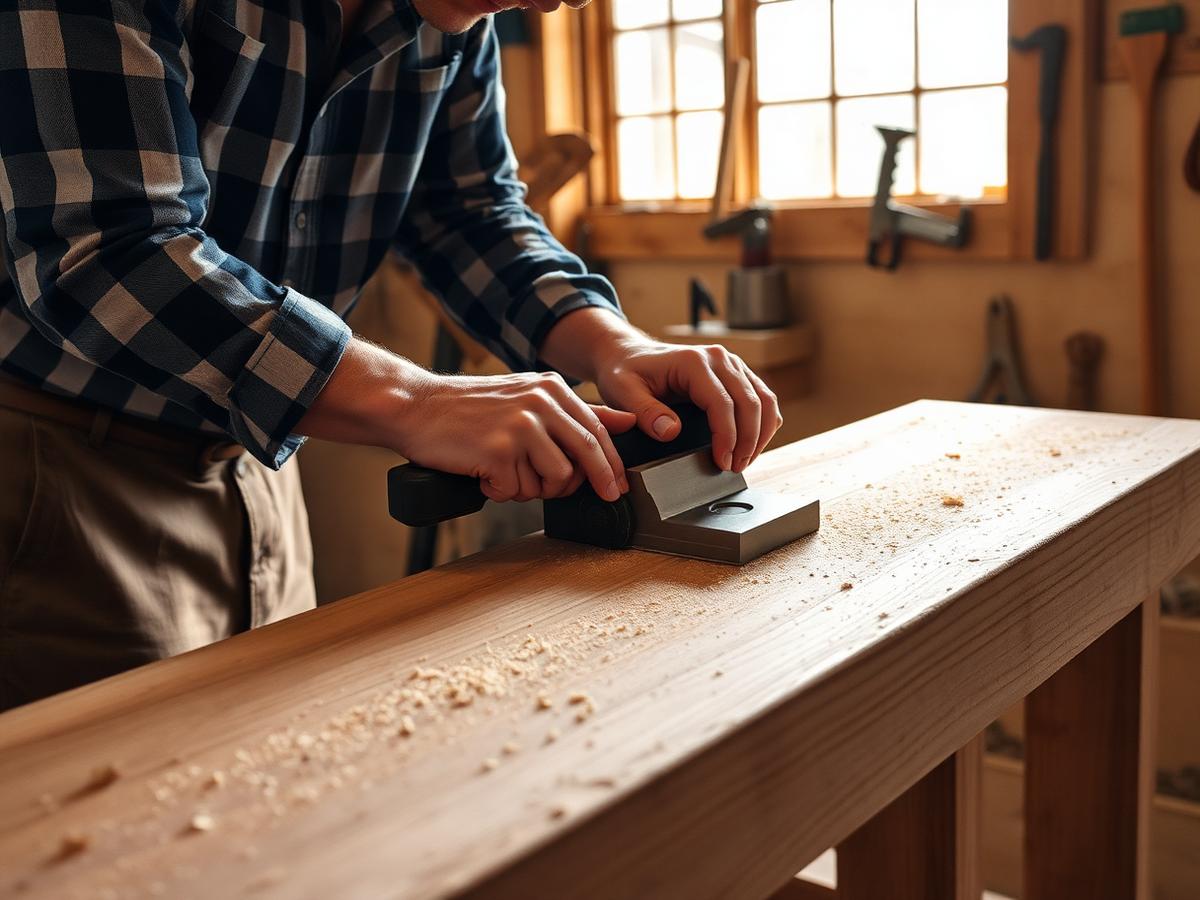 Cabinetmaker hand-planing timber in the Modern Kitchens & Cupboards workshop